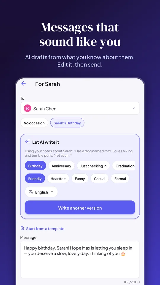 MyReminders app screen: Messages that sound like you